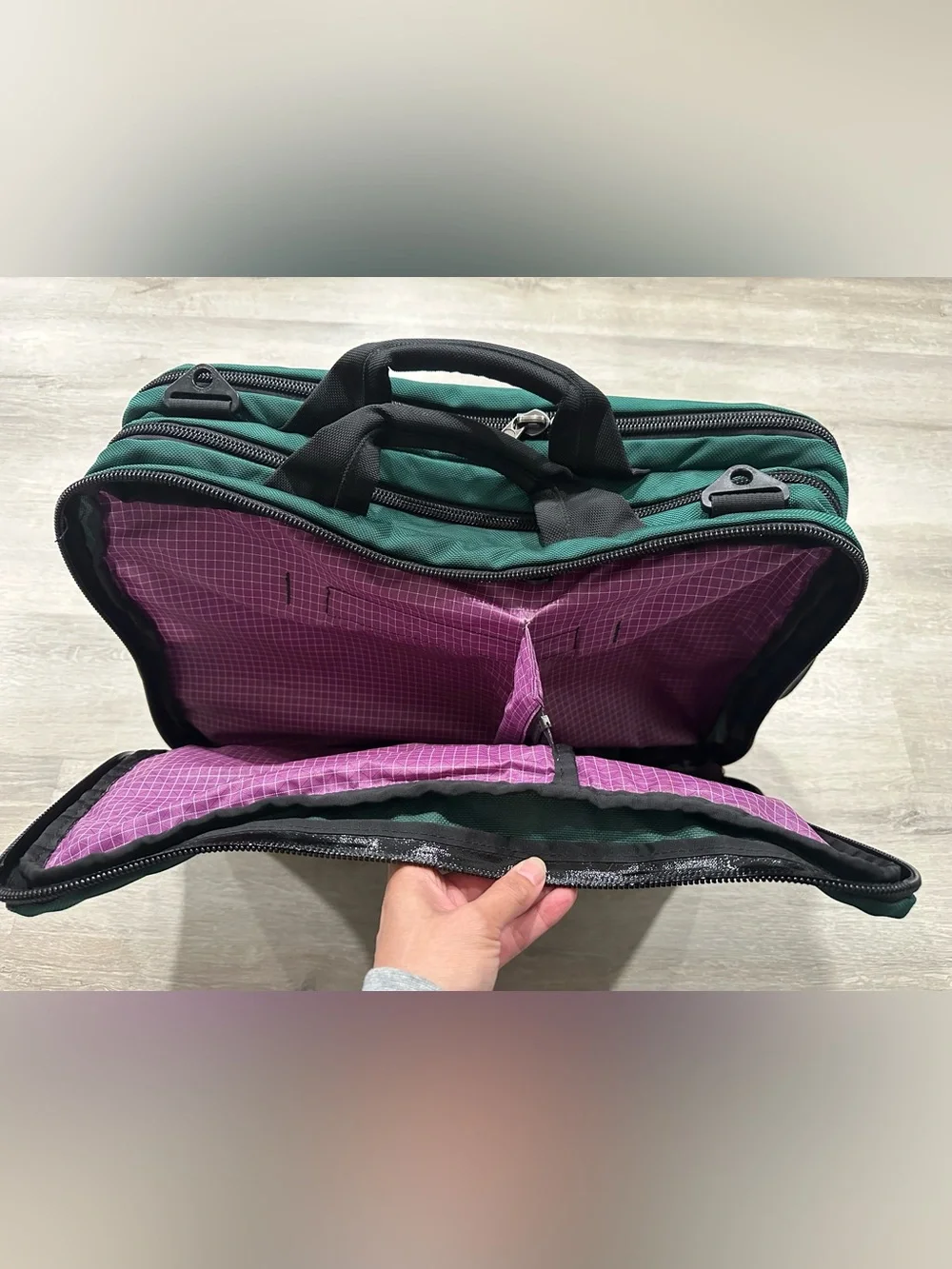 BGA32 Tom Bihn Tri-Star Backpack Luggage Green Purple 19x13x8